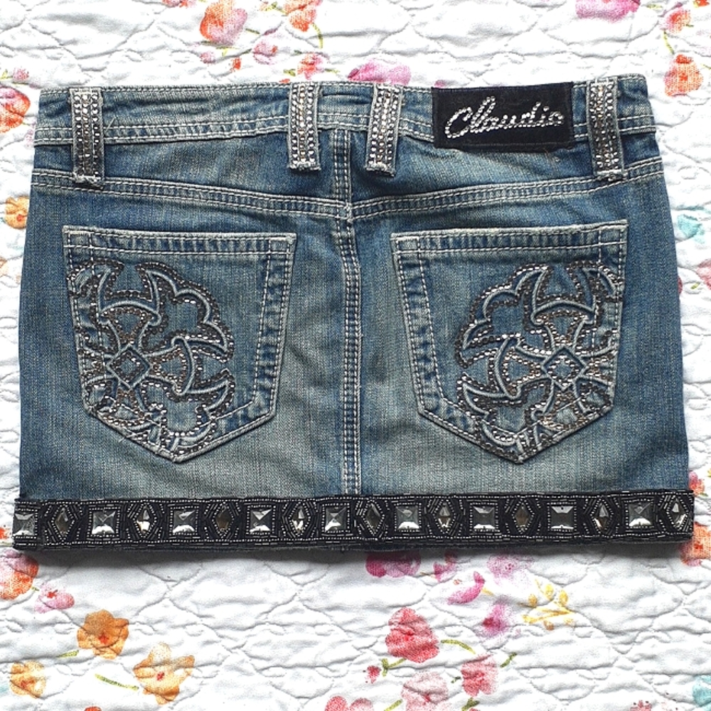 Swarovski Claudio Milano Crystal Denim Miniskirt Jean Miniskirt Size S - Picture 2 of 10